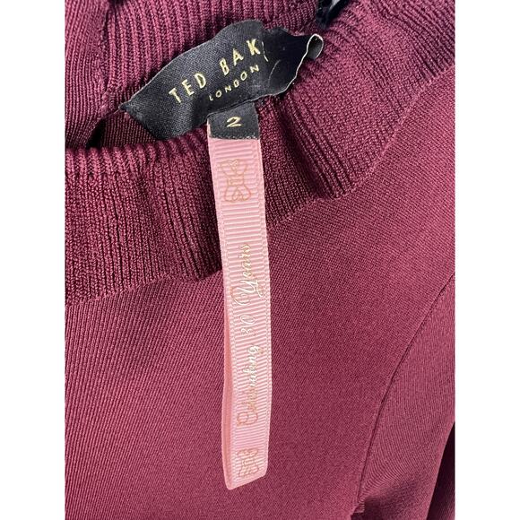 Ted Baker Zadi Dress Burgundy Fit & Flare Satin Skirt Frill Cuff Ruffle Neck - Picture 5 of 15